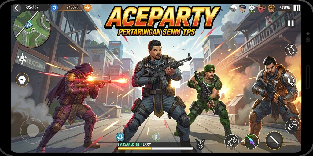 Gameplay ACEPARTY yang mendebarkan dengan aksi tembak-menembak.