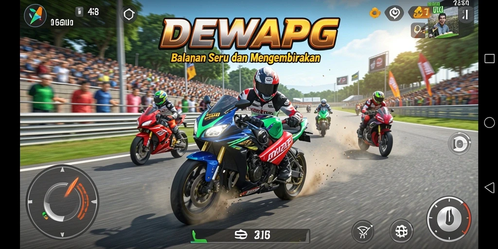 Menampilkan gameplay balapan motor seru DEWAPG.