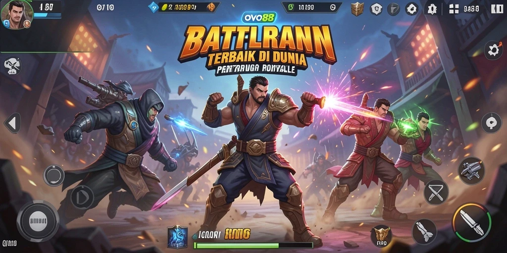 Screenshot gameplay OVO88 menunjukkan aksi Battle Royale yang mendebarkan.