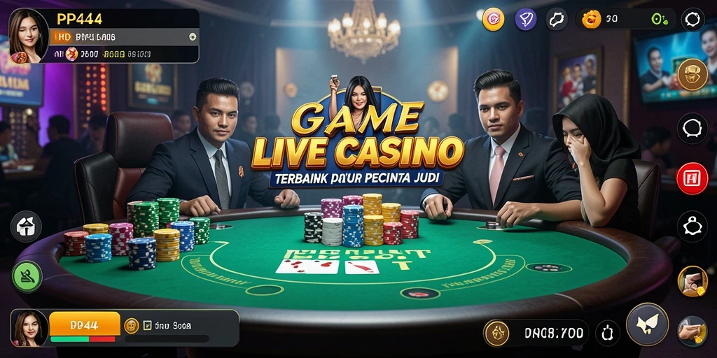 Screenshot gameplay PP444 yang menampilkan dealer profesional dan suasana casino yang hidup.